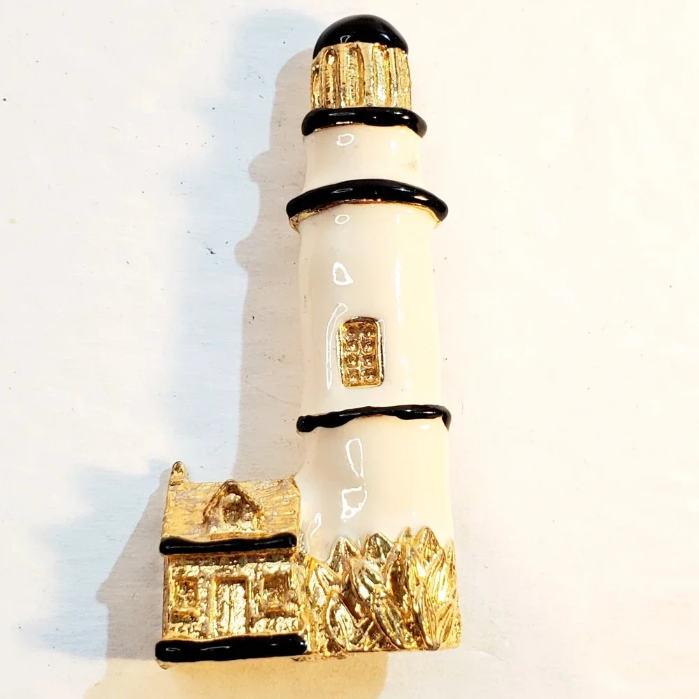 Vintage Gold Tone Cream Black Enamel Lighthouse Brooch Pin Costal Nautical